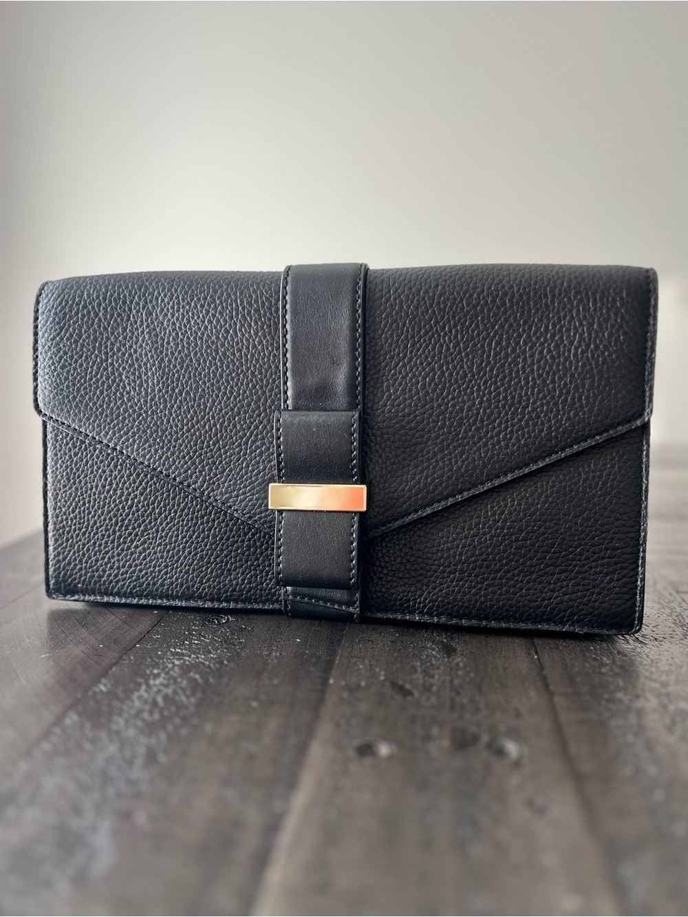 kate spade Black Pebbled Leather Envelope Clutch with Gold Accent